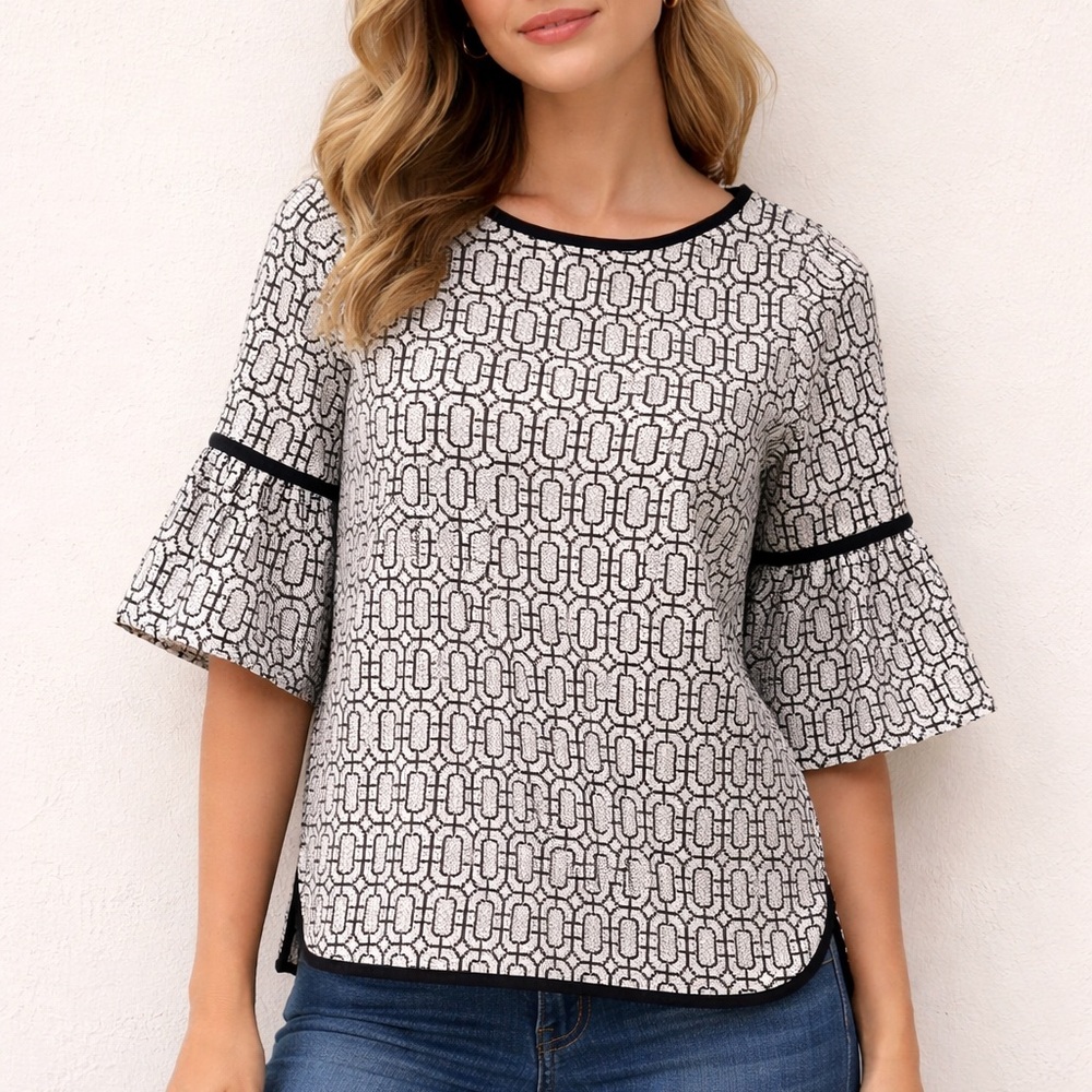 Max Studio Black and White Geometric Blouse. Size L- note defects in images